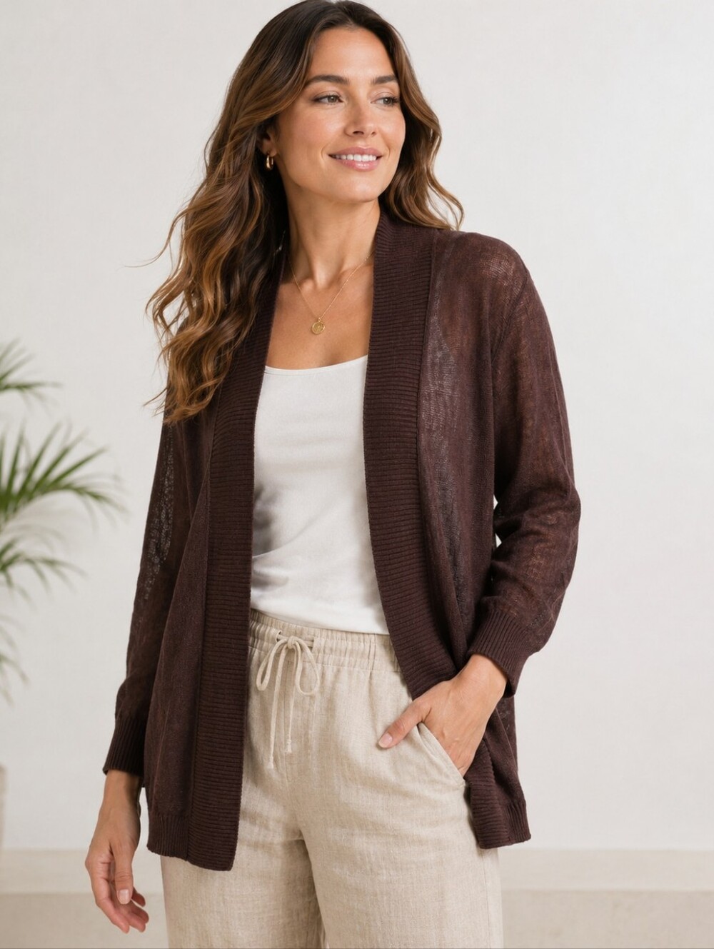 Tommy Bahama 100% Linen Chocolate Brown Open Cardigan Women’s XL